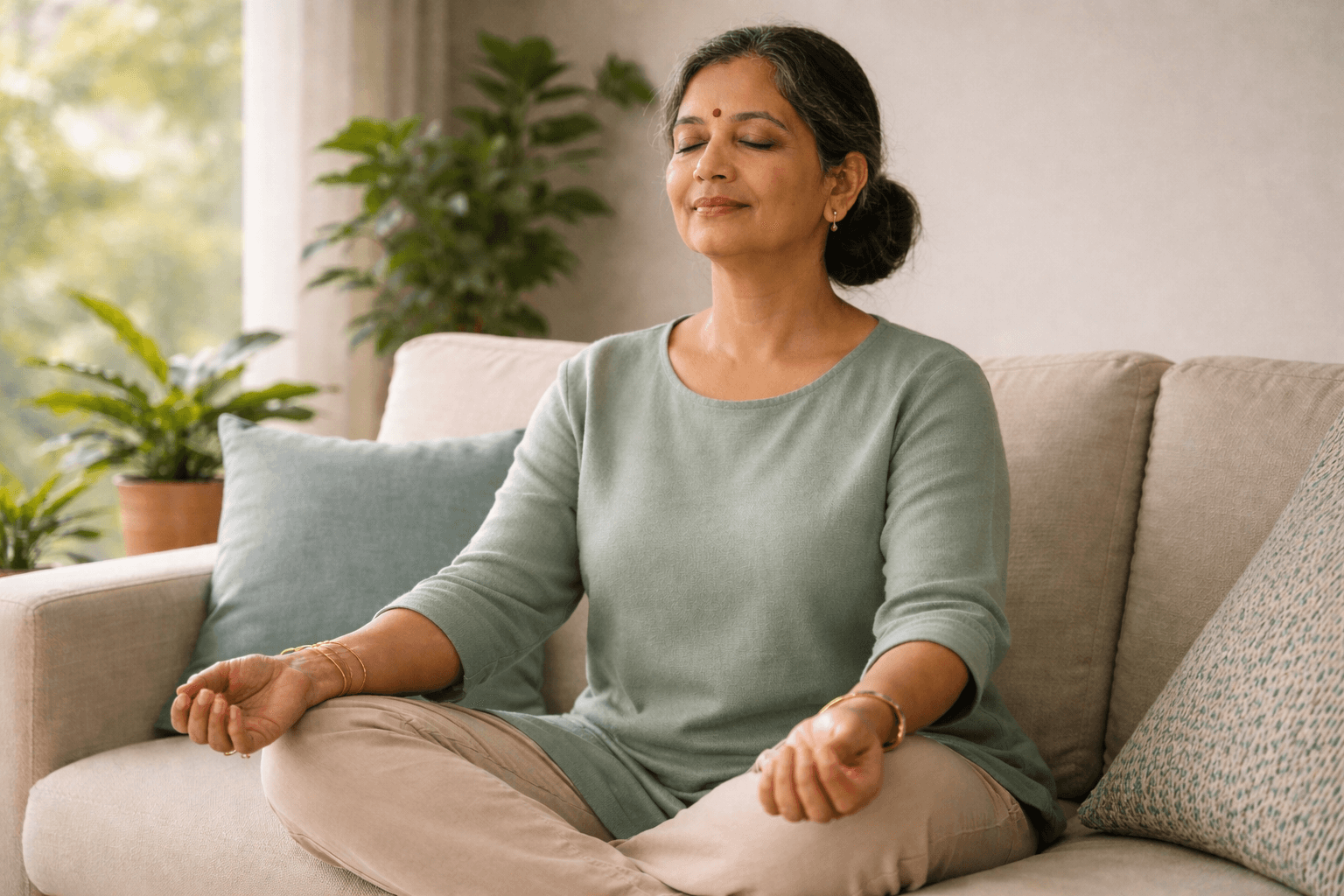 a senior women sitting on the sofa and meditating