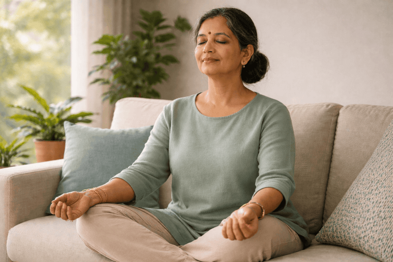 a senior women sitting on the sofa and meditating