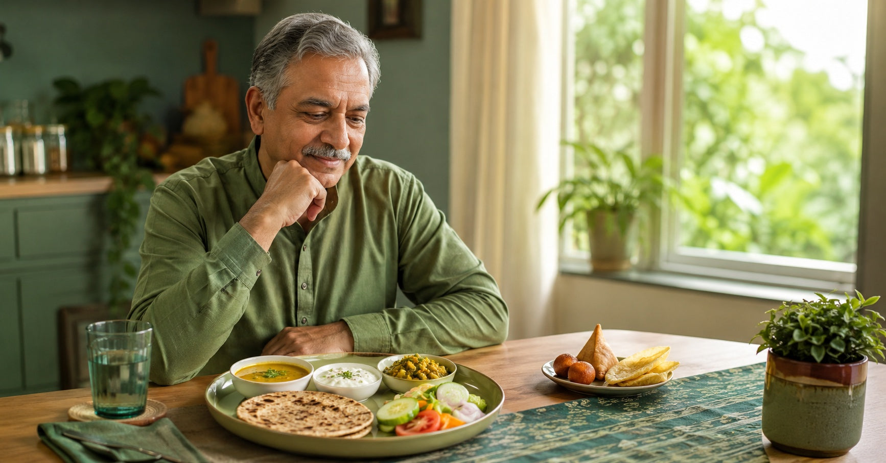 Indian man over 50 looking at a healthy Indian meal with dal, roti, salad and raita for fatty liver diet