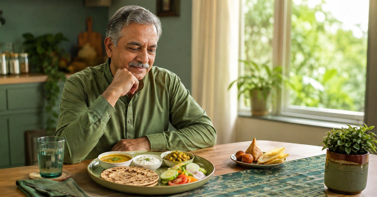 Indian man over 50 looking at a healthy Indian meal with dal, roti, salad and raita for fatty liver diet