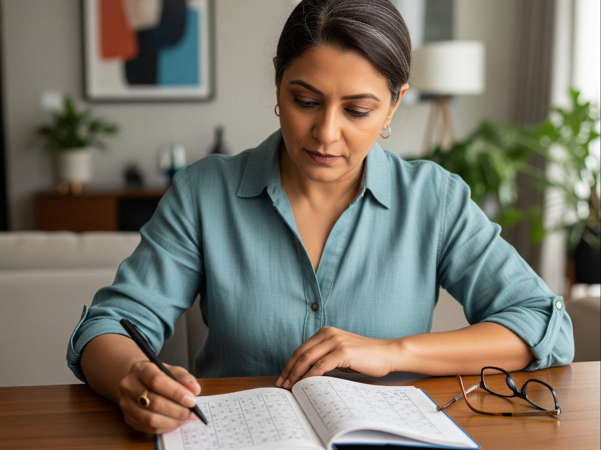 Women in her 50's studying from a notebook