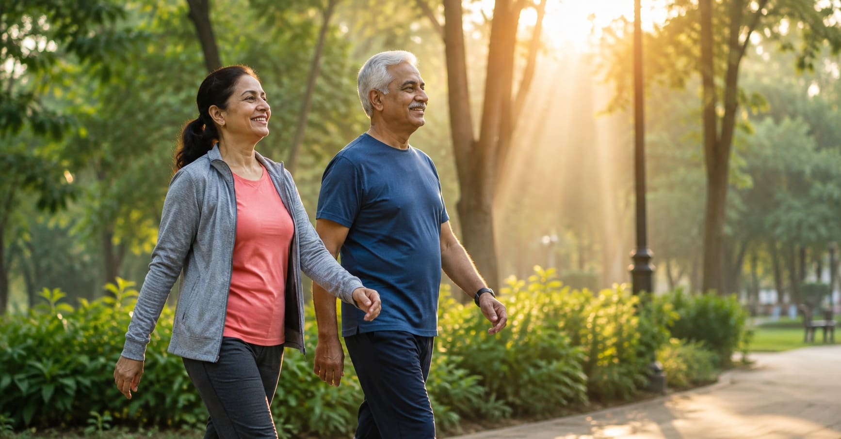 Indian couple in their 50s on a morning walk in a park — lifestyle changes to reduce fatty liver