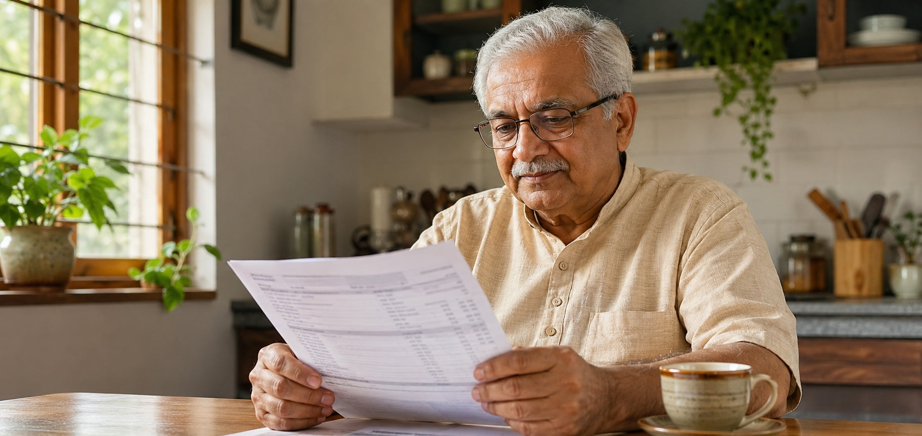 Indian man over 50 reading blood test report at kitchen table reviewing liver enzyme results
