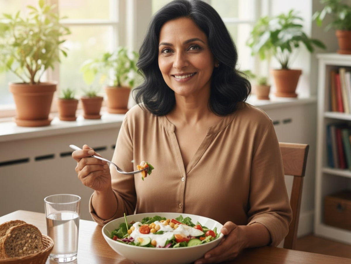 a women having a meal to support gut health after 50